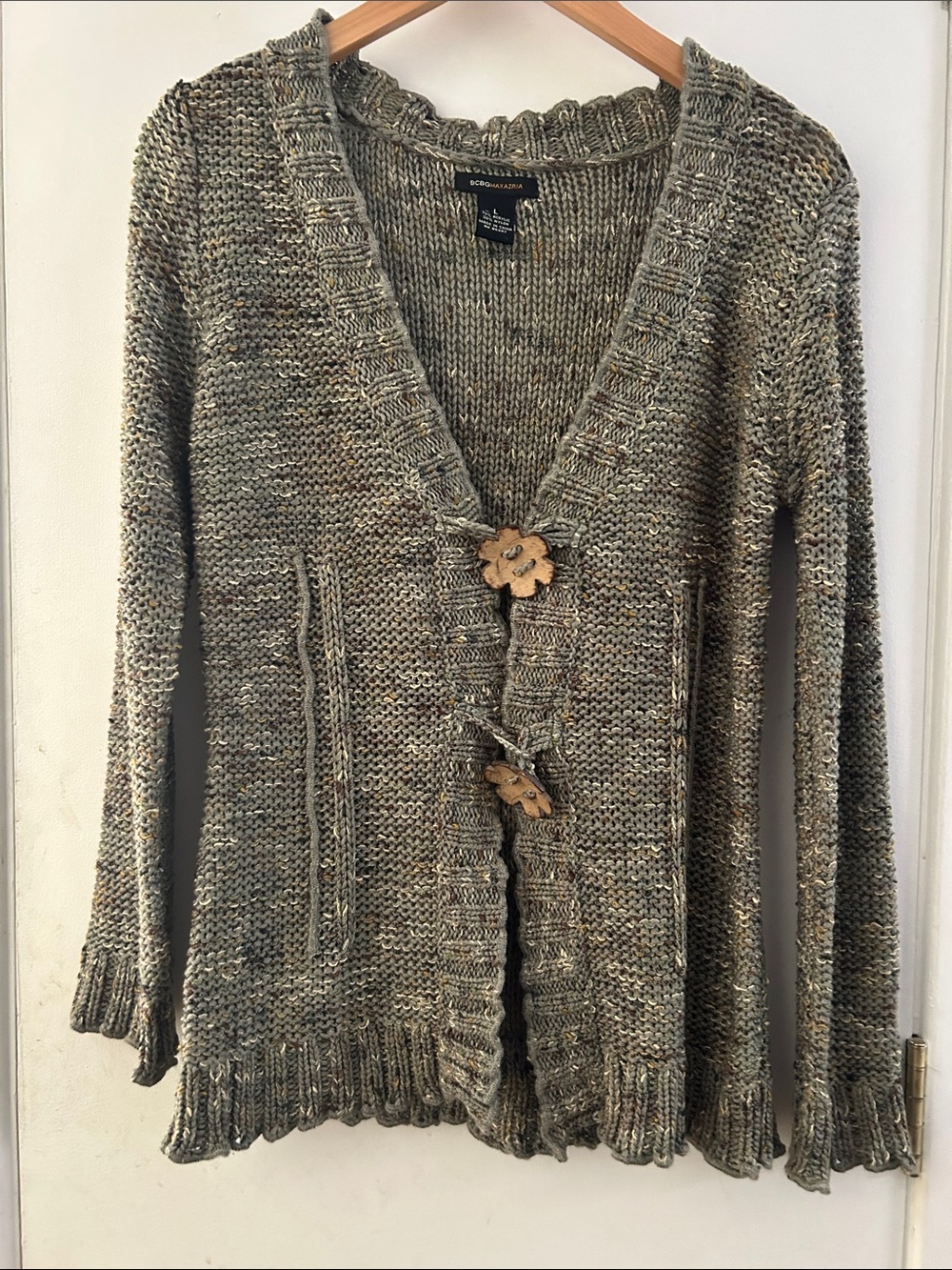BCBGMAXAZRIA Olive Marled Knit Cardigan Women's Lrg Wood Flower Buttons RN 86297